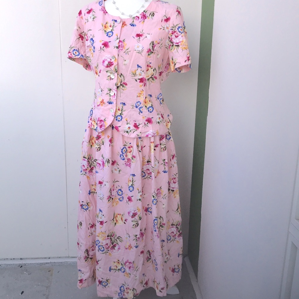 Vintage 80s 90s Pink Floral Two Piece Set